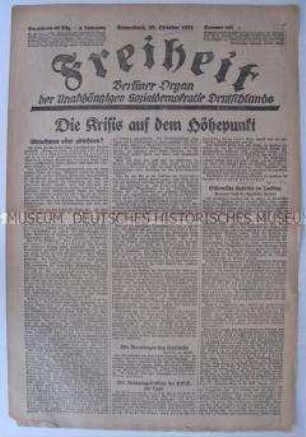 Tageszeitung der USPD Berlin "Freiheit" zur Regierungskrise um die Abtretung von Oberschlesien