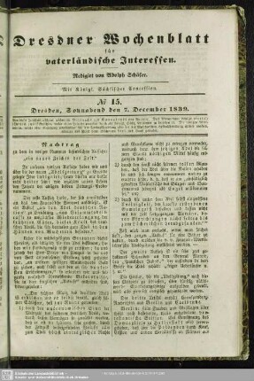 No. 15. Dresden, Sonnabend den 7. December 1839