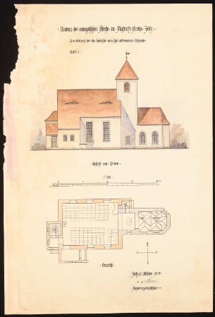 Evangelische Kirche, Maßnitz Umbau: Abtrennung Sakristei - Chor: Ansicht der Kirche von Süden 1:100, Grundriss 1:100