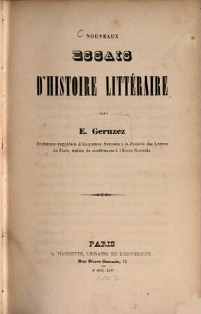 Nouveaux Essais d'Histoire Littéraire