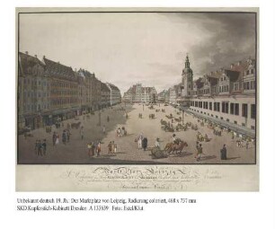 Der Markt in Leipzig von Süden mit Markttreiben, rechts das Alte Rathaus