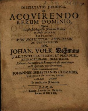 Dissertatio Juridica, De Acqvirendo Rerum Dominio