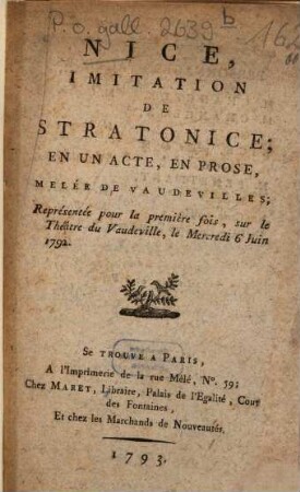 Nice : Imitatition de Stratonice ; En un acte, en prose, mêlée de vaudevilles