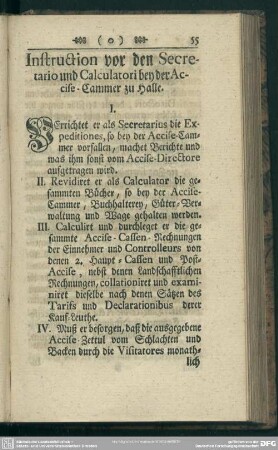 Instruction vor den Secretario und Calculatori bey der Accise-Cammer zu Halle