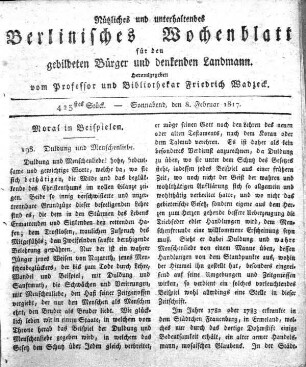 423stes Stueck, Sonnabend, den 8. Februar 1817