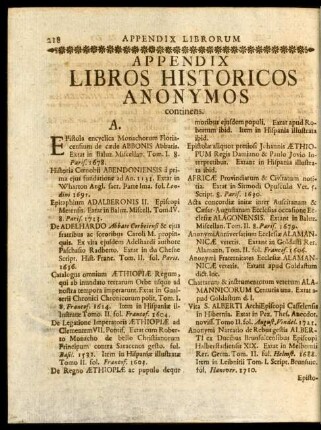 Appendix Libros Historicos Anonymos continens.