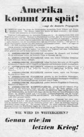 Bebildertes anglo-amerikanisches Abwurf-Flugblatt mit Zitaten von Nazi-Führern und einer Darstellung der aktuellen Kriegslage