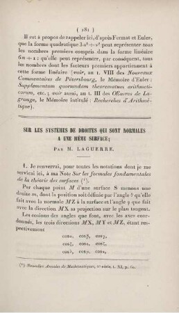 Sur les systèmes de droites qui sont normales a une mème surface.