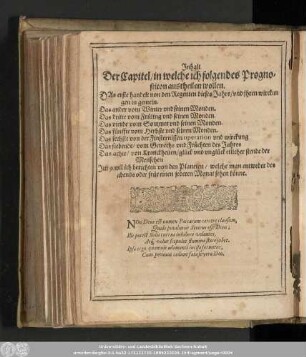 Inhalt Der Capitel/ in welche ich folgendes Prognosticon austheilen wollen.