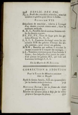 Correction & Addition pour la Table des Mémoires contenues dans ce Recueil.