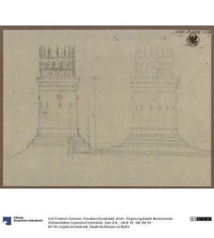 Graudenz (Grudziądz), ehem. Regierungsbezirk Marienwerder (Województwo Kujawsko-Pomorskie). Zwei Entwürfe zum Denkmal für Wilhelm de Courbière als Rundturm mit einer Krönung aus Lanzen, Helmen und Schilden