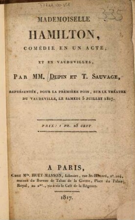 Mademoiselle Hamilton : Comédie en un acte, et en vaudevilles