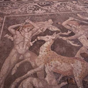 Pella (Westmakedonien). Kieselmosaiken einer Hirschjagd, Wohnstadt, 4. Jh. v. Chr.