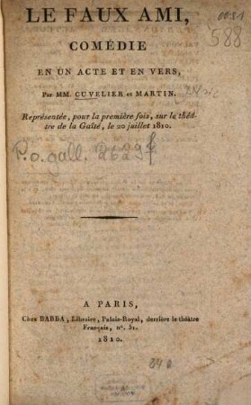 Le faux ami : Comédie en un acte et en vers