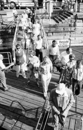26. Tagung 1976 Physiker; Aufbruch zur Mainau: Gruppen auf Steg; mittig: Ehepaar Hewish, dahinter Robert S. Mulliken