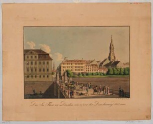 Das Seetor in Dresden kurz vor dessen Demolierung 1812, Blick nach Norden in die Seestraße, links das spätere Ministerium des Inneren, rechts der Turm der Kreuzkirche