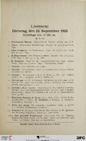 I. Auktionstag: Dienstag, den 22. September 1925 (Nr. 1-197)
