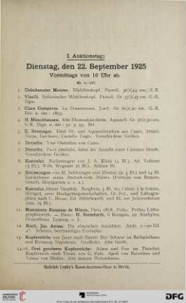 I. Auktionstag: Dienstag, den 22. September 1925 (Nr. 1-197)