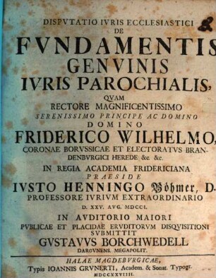 Dispvtatio Ivris Ecclesiastici De Fvndamentis Genvinis Ivris Parochialis