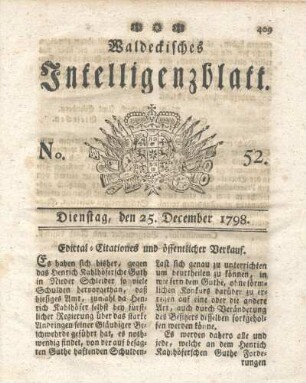 No. 52, Dienstag, den 25. December 1798