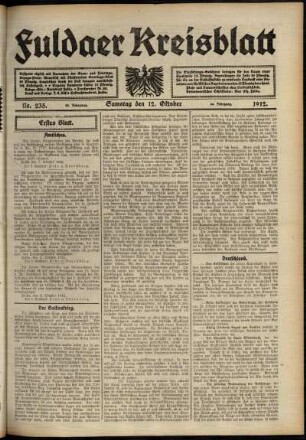 Erste Ausgabe vom Samstag, den 12. Oktober 1912.