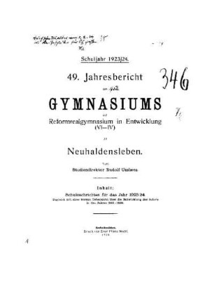 1923/24: Jahresbericht des Gymnasiums mit Reformrealgymnasium in Entwicklung zu Neuhaldensleben ... - 1923/24