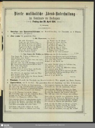 Vierte musikalische Abend-Unterhaltung im Seminare zu Zschopau Freitag den 29. April 1881