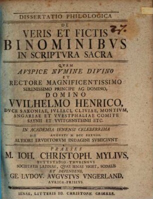 Dissertatio Philologica De Veris Et Fictis Binominibvs In Scriptvra Sacra