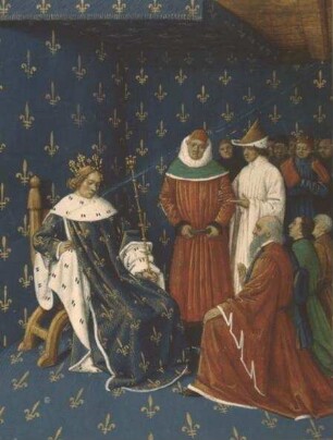 Grandes Chroniques de France — König Karl V. wird über die Ankunft seines Onkels Karl V. in Frankreich informiert, Folio 442 verso