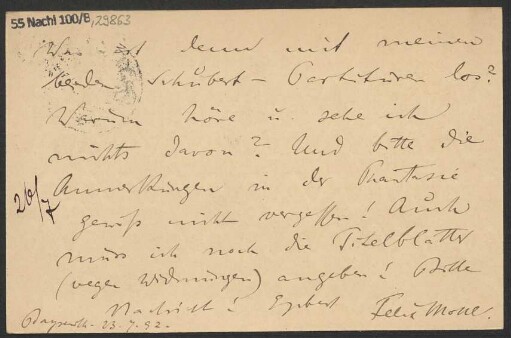 Brief an B. Schott's Söhne : 23.07.1892