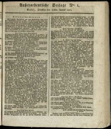 Außerordentliche Beilage Nro. 1, Dienstag den 23sten Junius 1812