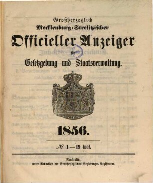 Großherzoglich Mecklenburg-Strelitzischer officieller Anzeiger für Gesetzgebung und Staatsverwaltung. 1856