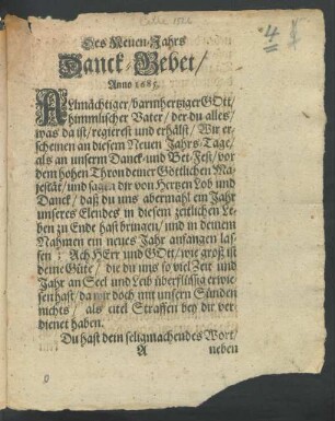 Des Neuen-Jahrs Danck-Gebet/ Anno 1685.