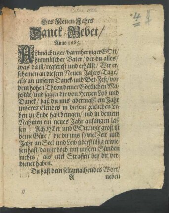 Des Neuen-Jahrs Danck-Gebet/ Anno 1685.