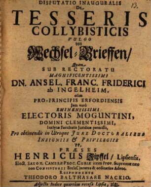 Disputatio Inauguralis De Tesseris Collybisticis Vulgo von WechselBrieffen