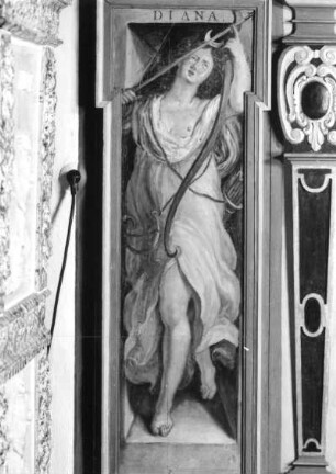 Diana : Diana. Öl? auf Holz (wohl 1630/1656; C. Schiebling und C. Wiebel zugeschrieben). Radebeul, Hoflößnitz, Berg- und Lusthaus, Berg- und Lusthaus, Wohnraum des Kurfürsten