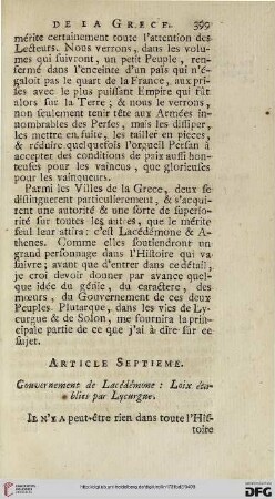 Article septième: Gouvernement de Lacédémone: Loix établies par Lycurgue