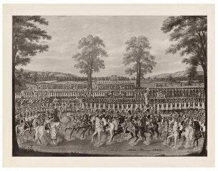 2 Darstellungen von Napoleon und seinen Truppen, zur Geburtstagsparade und während der Schlacht, aus dem 2. Teil der Dresdner Bilderchronik, Lichtdruck nach Zeichnungen