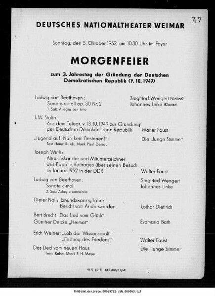 Morgenfeier zum 3. Jahrestag der Gründung der Deutschen Demokratischen Republik