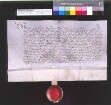 Die Grafen Eberhard d. Ä. und d. J. befehlen den Ämtern Nürtingen, Neuffen und Grötzingen, der Gräfin Elisabeth zu huldigen.