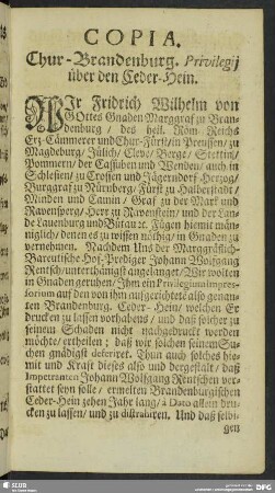 Copia. Chur-Brandenburg. Privilegij über den Ceder-Hein