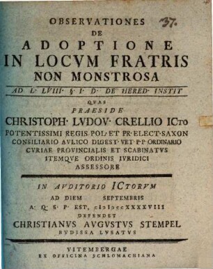 Observationes de adoptione in locvm fratris non monstrosa : ad L. LVIII. §. I. D. de hered. instit.