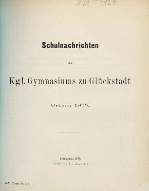 Schulnachrichten des Königlichen Gymnasiums zu Glückstadt : Ostern ..., 1878/79