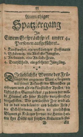 Anmuthiger Spatziergang In Einem Gesprächspiel unter 4. Personen aufgeführet..