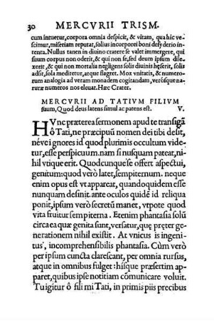 Mercurii Ad Tatium Filium suum, Quod deus latens simul ac patens est. V.
