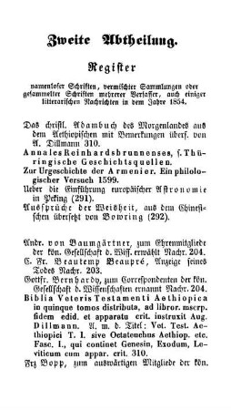 Zweite Abtheilung. Register namenloser Schriften, vermischter Sammlungen oder gesammelter Schriften mehrerer Verfasser, auch einiger litterarischen Nachrichten in dem Jahre 1854.