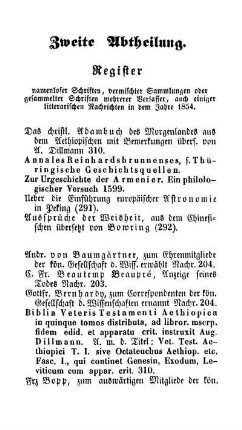 Zweite Abtheilung. Register namenloser Schriften, vermischter Sammlungen oder gesammelter Schriften mehrerer Verfasser, auch einiger litterarischen Nachrichten in dem Jahre 1854.