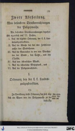 Zwote Abtheilung. Von besondern Dienstverrichtungen der Polizeiwache.