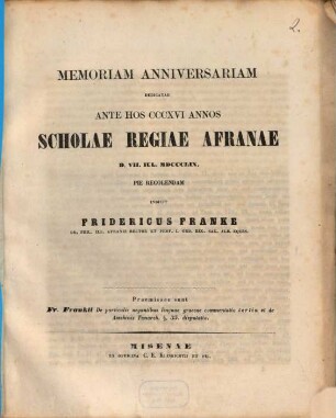Memoriam anniversariam dedicatae ante hos ... annos Scholae Regiae Afranae ... pie celebrandam indicit, 1859