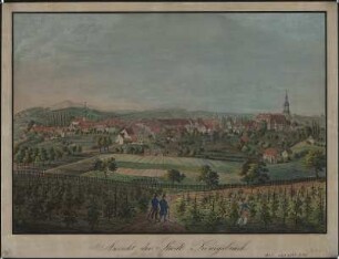 Ansicht der Stadt Königsbrück, Stich, um 1840 : Ansicht der Stadt Königsbrück. - [S.l.] , [ca. 1840]. - 1 Kunstbl. : kolor. Stich ; 39 x 28 cm